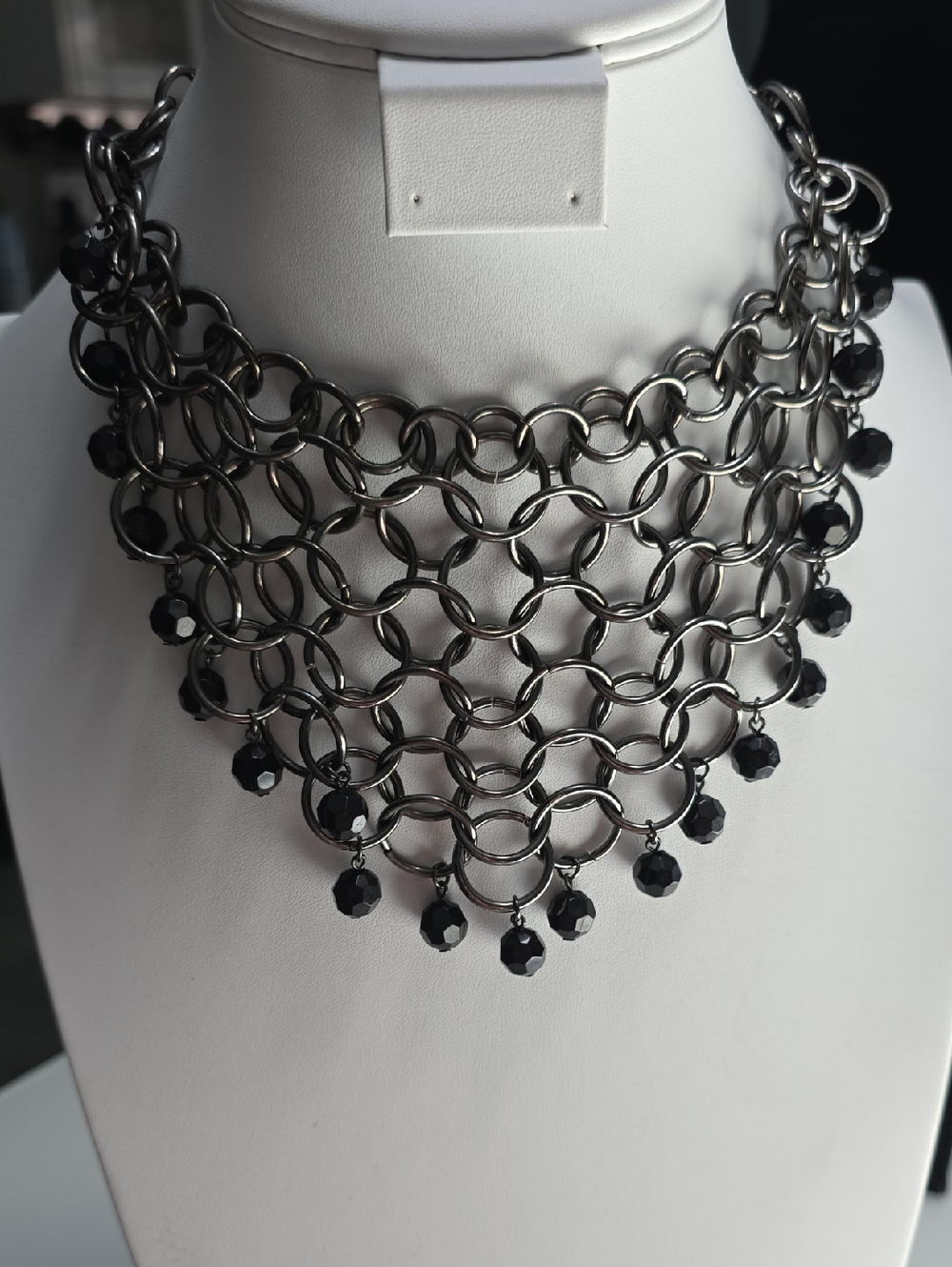 Gunmetal Chainmail Bib Necklace with Black Beads